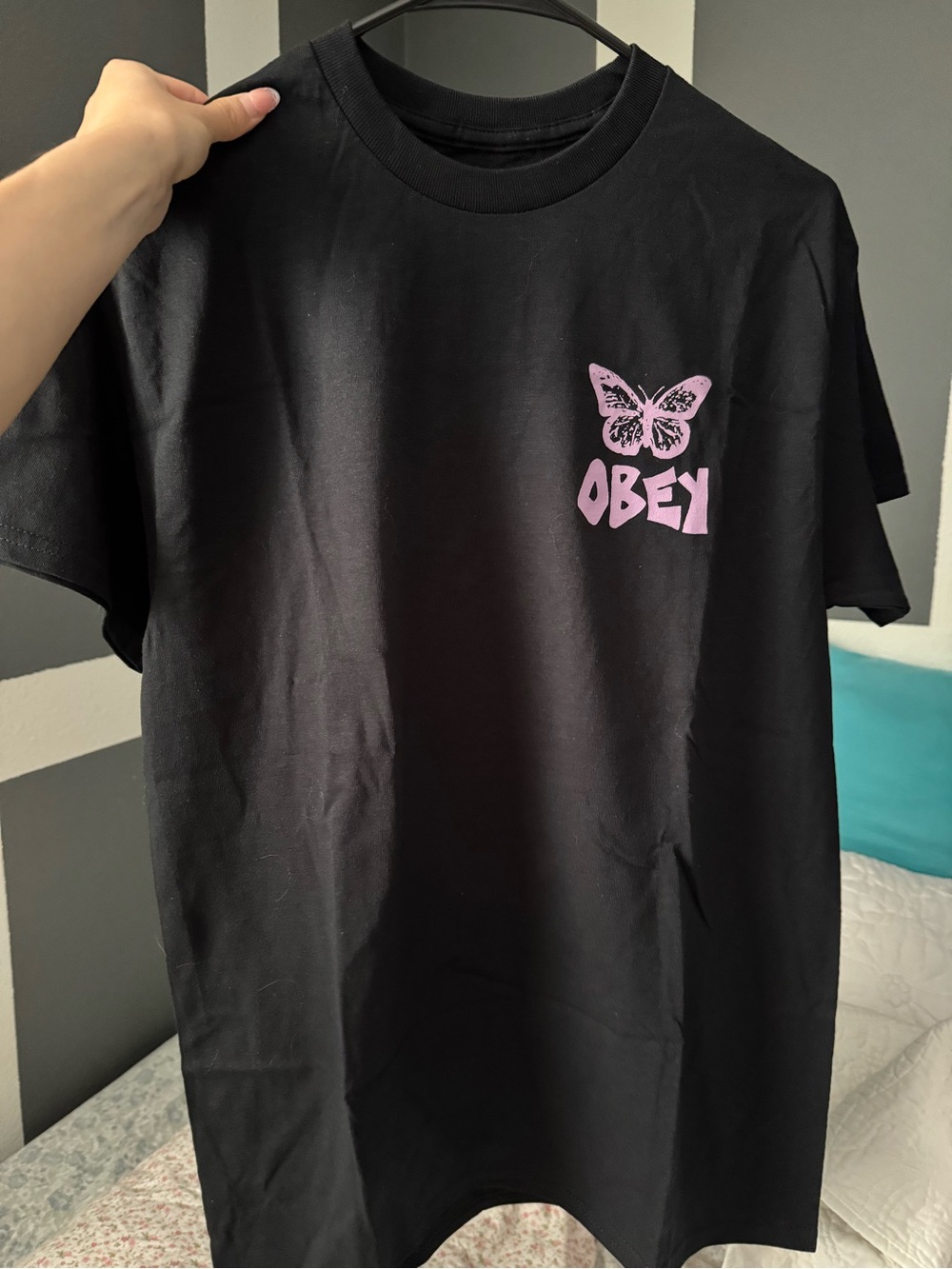 Obey Black T‑Shirt with Pink Butterfly Chest Graphic